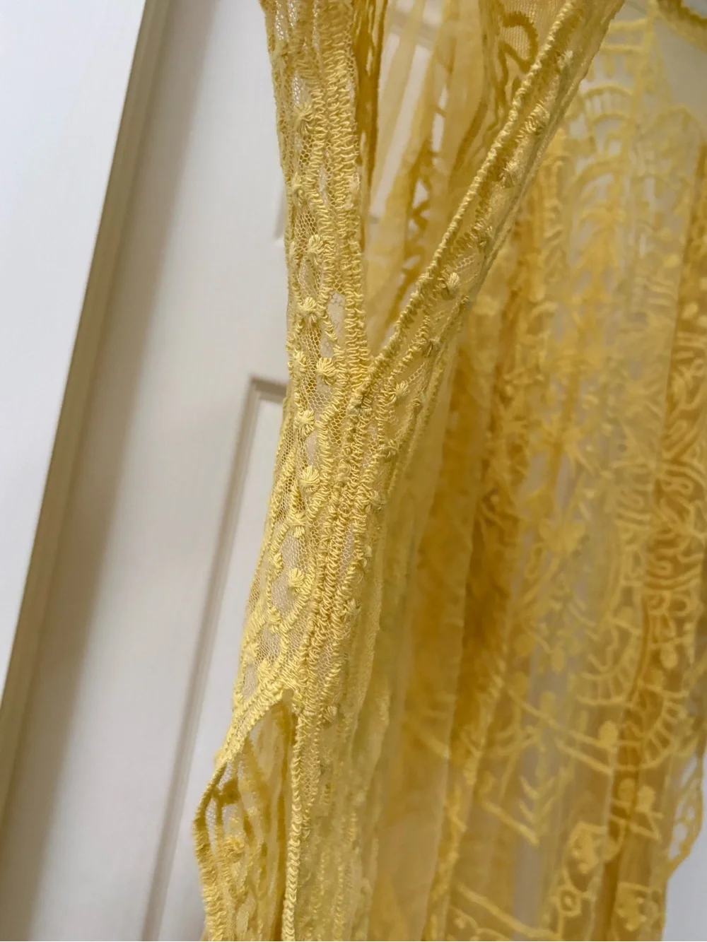 Mustard Yellow Sheer Embroidered Kimono Wrap